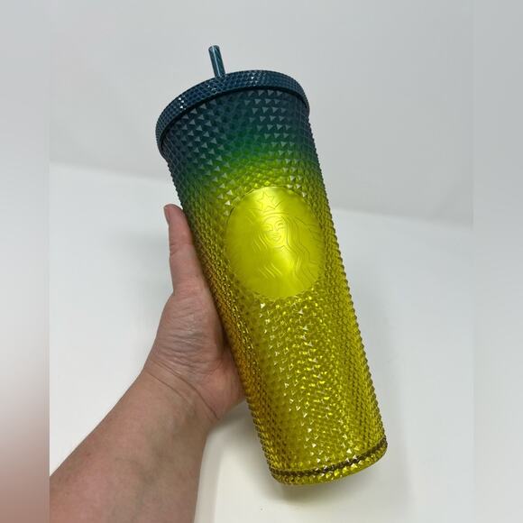 New Starbucks Fall 2023 Neon Lemon Blue Gradient Studded Bling Venti Tumbler - Picture 3 of 6